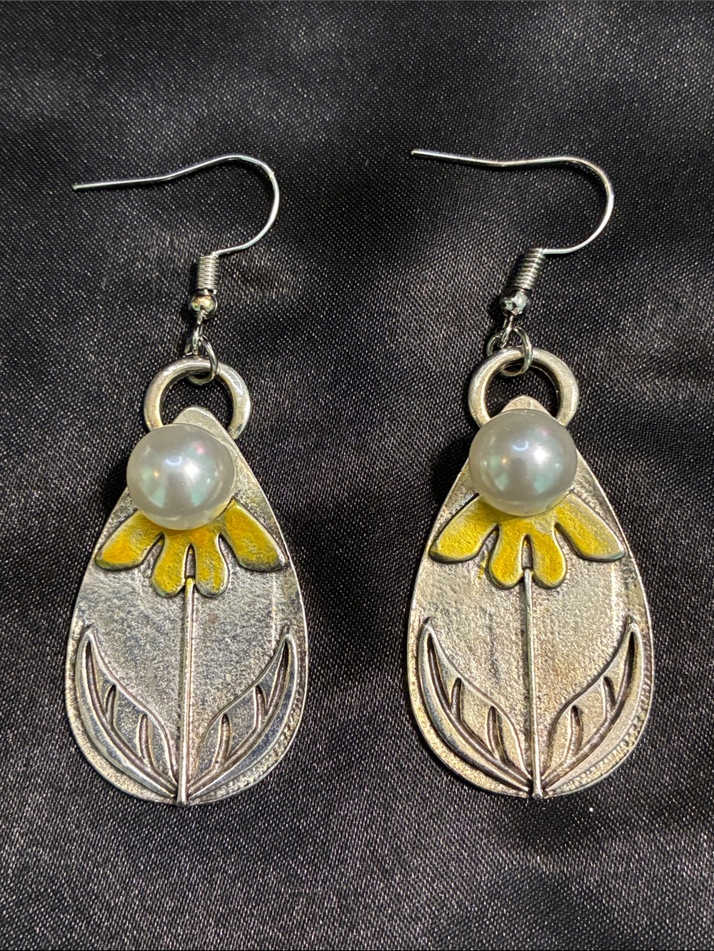 Silver Drop Earrings with Yellow Flower and Pearl Accent